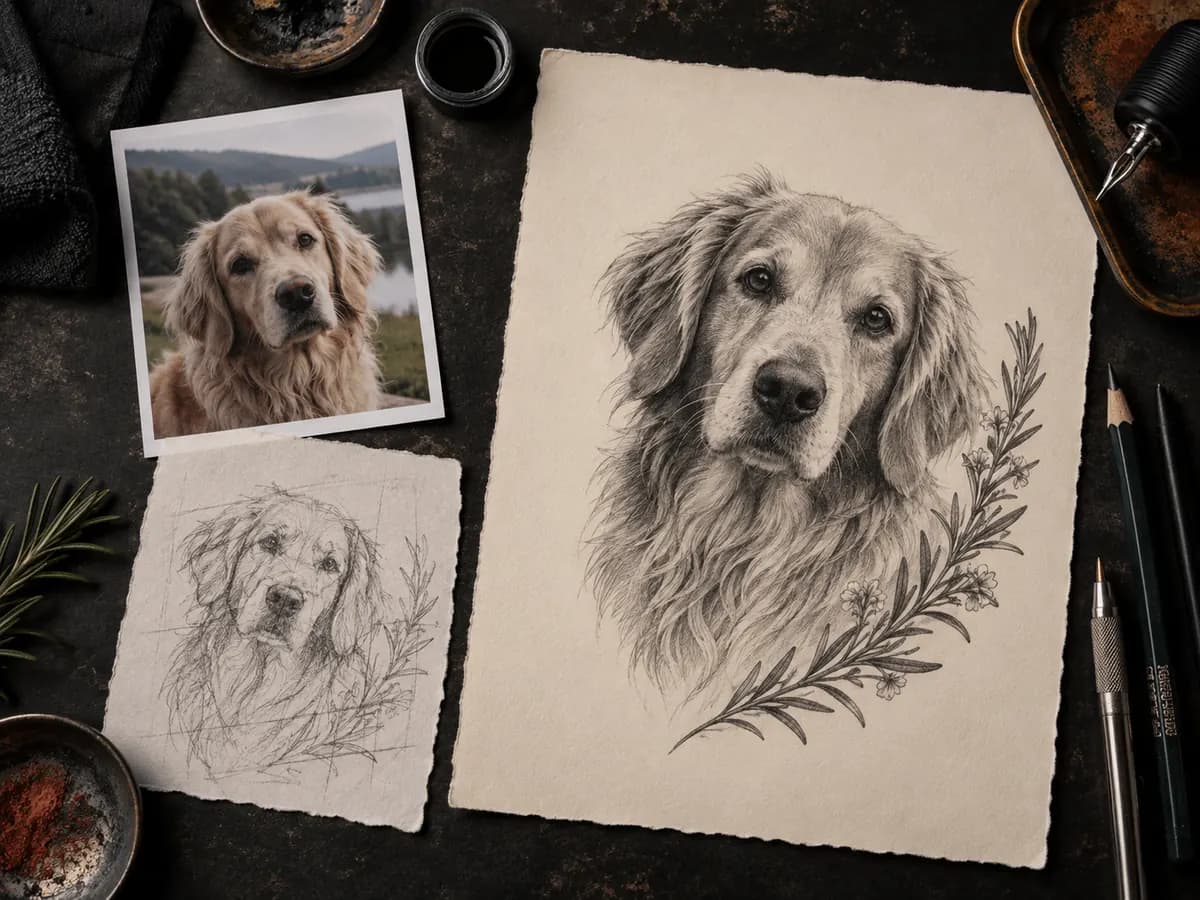 Dog photo and sketch transformed into a black-and-grey tattoo concept