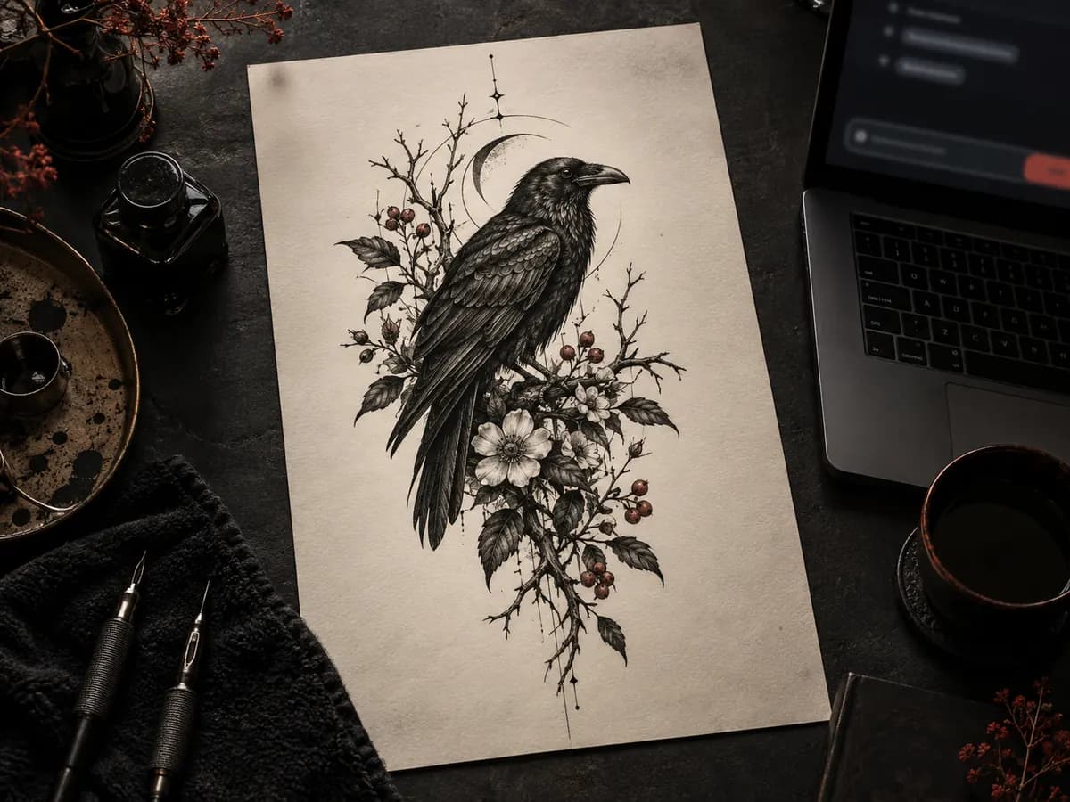 Blackwork raven tattoo concept created from a written prompt