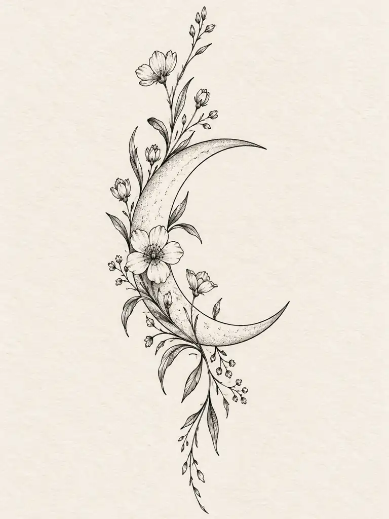 Fine-line moon and flowers shown as a clean linework tattoo concept