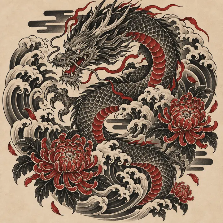 Japanese-inspired dragon, waves, and chrysanthemums tattoo concept