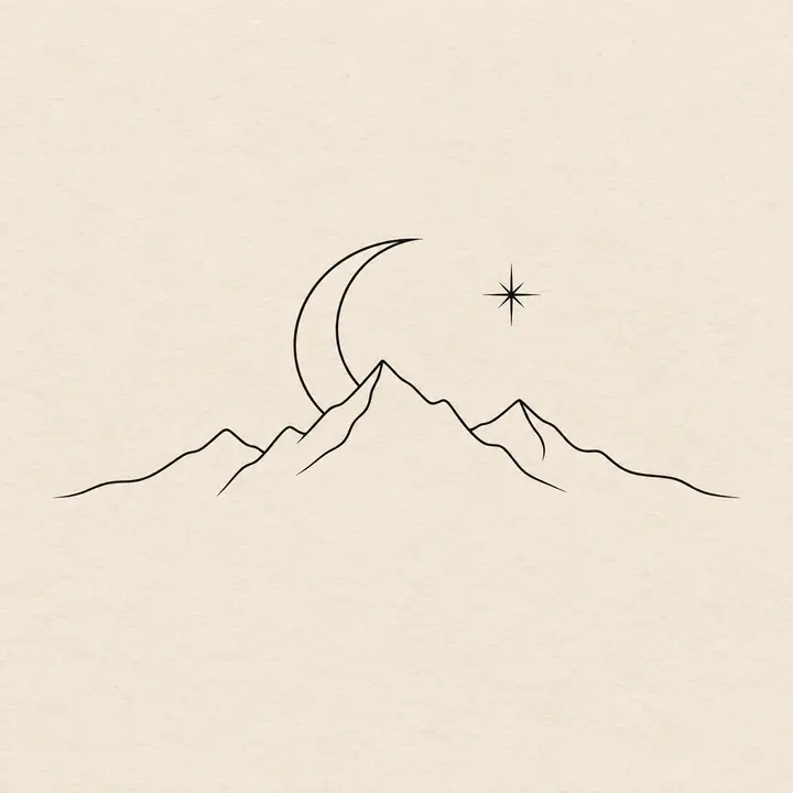 Minimalist single-line crescent moon and mountain tattoo concept