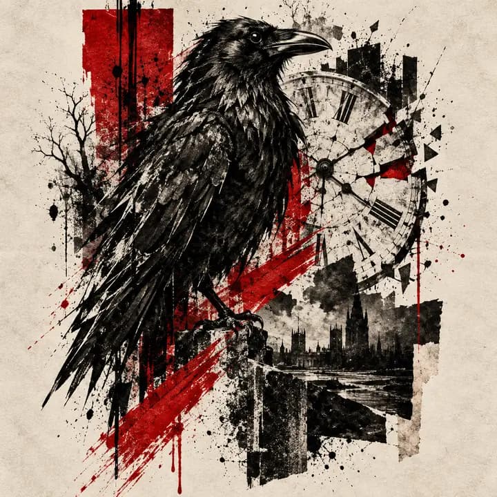 Trash Polka raven and broken clock tattoo collage