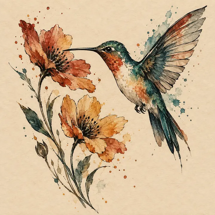 Watercolor hummingbird and wildflowers tattoo concept